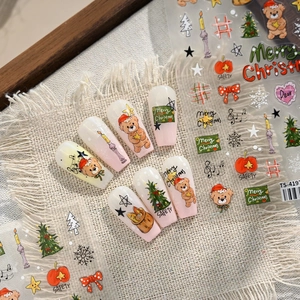 Christmas bear and tree nail art decals TS-4197 on nails with festive holiday patterns