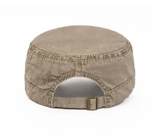 Detail view of khaki washed cotton patrol cap back with adjustable metal buckle strap