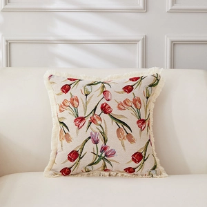 Vintage Tulpen Jacquard Kissenbezug mit Fransen fuer Wohnzimmer Sofa Dekoration neu