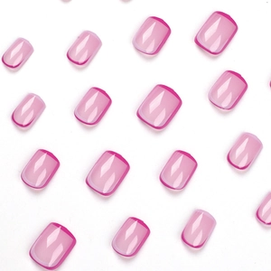 Short square press-on nails with light pink base and bright purple French tips