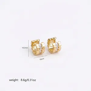 Detailed dimensions of gold hollow hoop earrings with cubic zirconia, 16.2mm by 10mm