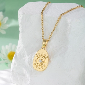 18K gold sun evil eye pendant necklace with diamond accent on elegant white stone
