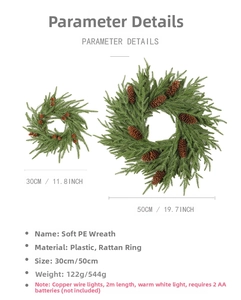 Detail showing artificial pine needle wreaths in 30cm and 50cm sizes with warm LED lights