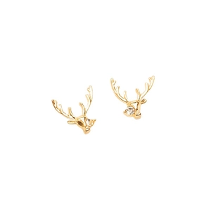 Elegant gold reindeer stud earrings with white crystal accents on a white background