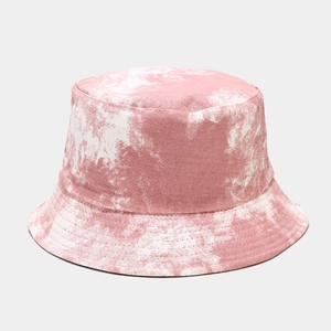 Close-up of pink and white tie-dye fisherman hat with high-density cotton texture detail