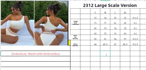 Size chart for white one-shoulder bikini with detailed bust, waist, and length measurements