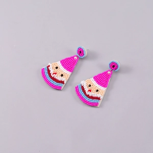 Detailed close-up of handmade beaded Santa Claus stud earrings with colorful seed beads