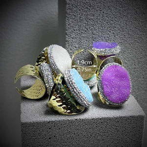 Gold wide band rings with crystal druzy stones in purple and blue colors, size 1.9cm