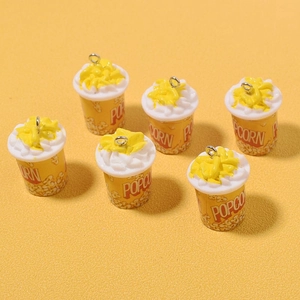 Miniature resin popcorn bucket charms with metal loops for DIY phone case decoration