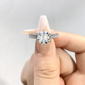 Classic 925 silver six-prong moissanite ring for women with pave-set side diamonds