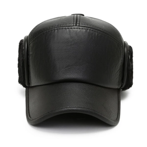 Men's winter black leather baseball cap with thick plush earflaps and warm fleece lining