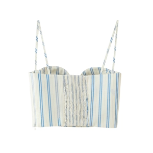 Women's blue and white striped off-shoulder crop top with shirred back and thin straps