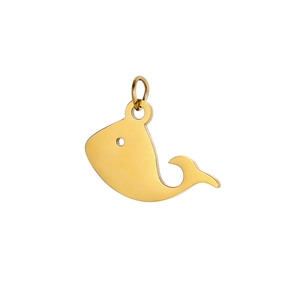 Detailed close-up of golden whale-shaped stainless steel pendant on white background
