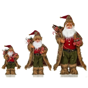 Three-piece set of Santa Claus plush figurines in various sizes with rustic holiday design
