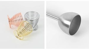 Detail view of colorful 304 stainless steel egg cup holders and spring egg cracker set