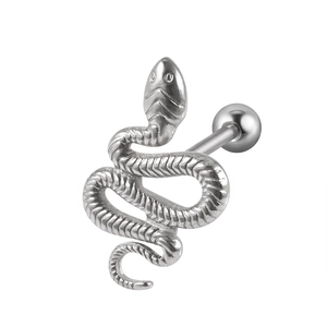 Punk style silver stainless steel snake tongue ring with detailed scale texture on white background