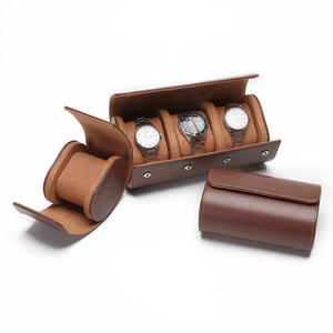 Deep brown PU leather watch roll travel case with three slots and velvet interior