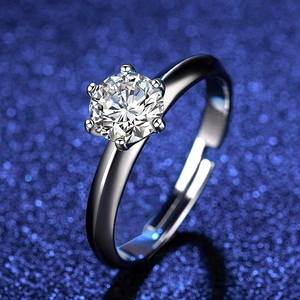 Macro shot of a classic six-prong silver ring with a brilliant round-cut cubic zirconia