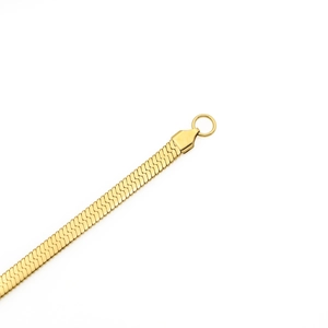Detail of flat gold snake chain showing high-polish finish and herringbone weaving