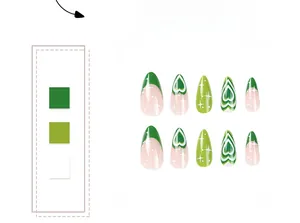 Detail of green swirl heart and star pattern oval press-on nails set of 10 pieces