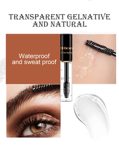 Close-up of clear eyebrow styling gel texture with waterproof and sweatproof features