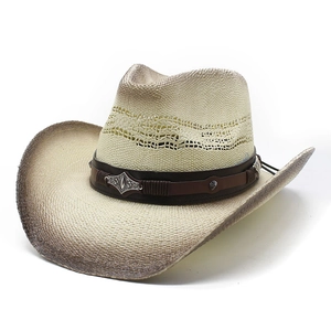 Chapeau De Cow-boy En Paille Western Vintage Avec Bande En Cuir Rivets Métalliques Large Bord Respirant Solaire Plage
