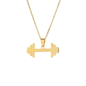 Polished gold dumbbell pendant necklace in stainless steel for men on white background