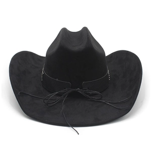 Close-up of black suede cowboy hat with leather band and metallic studs detail