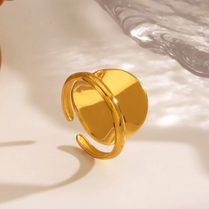 Minimalist 18K gold plated stainless steel open ring with a large circular mirror finish surface