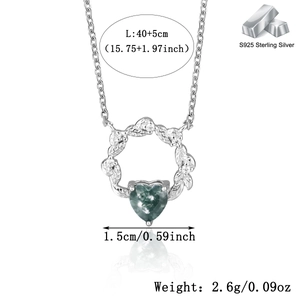 Detail view of S925 silver moss agate heart pendant with 1.5cm size and 45cm chain length