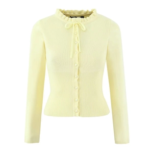 Set coordinato cardigan in maglia giallo tenue e gonna a tubino con fiocco e perle