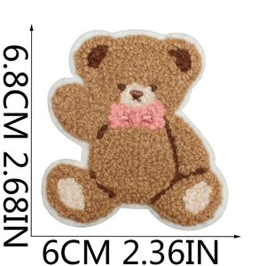 Brown curly teddy bear embroidered towel patch with pink bow and dimensions