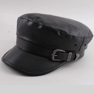 Classic black PU leather beret baker boy hat with vintage buckle strap detail