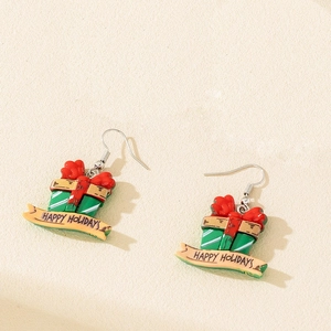 Christmas gift box earrings with red bows and Happy Holidays text on metal enamel