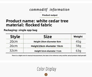 Detailed size chart for mini flocked white cedar trees with 20cm 26cm 32cm heights