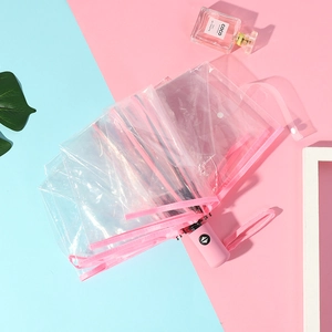 Automatic clear PVC folding umbrella with pink trim on a blue and pink background