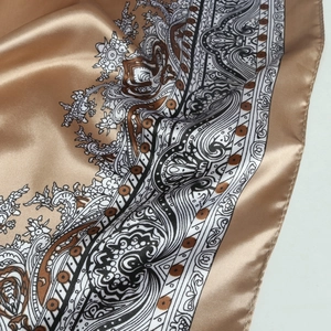 Elegant 90cm paisley satin silk scarf in gold and brown with glossy finish