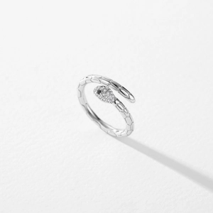 Minimalist S925 sterling silver snake ring with pavé diamonds and black gemstone eyes