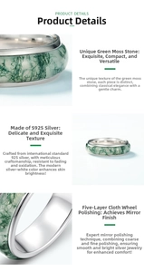 Detail of S925 sterling silver ring with polished finish and green moss agate gemstone