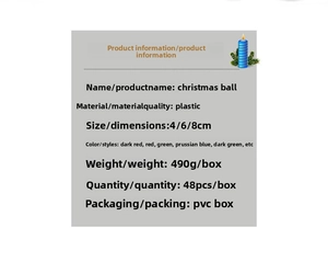 Detailed specification chart for 48pcs assorted Christmas balls in plastic PVC box