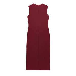 Detail view of the back invisible zipper and sleeveless design of wine red crepe dress