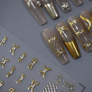 5D gold bow nail stickers with rhinestones for elegant manicure decoration, model TL-026