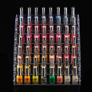 Multi-tier clear acrylic nail polish display stand with tiered ladder design for storage