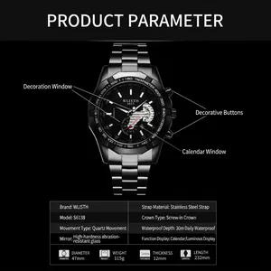 Montre sport homme étanche avec cadran noir 47mm et affichage du calendrier en acier