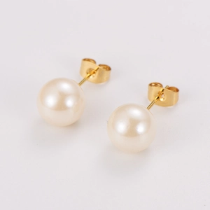 Elegant gold stainless steel pearl stud earrings set with lustrous creamy white pearls
