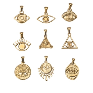Golden stainless steel evil eye charms set with nine diverse geometric DIY pendant designs