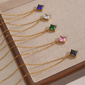 Elegant gold necklace set with colorful square zircon pendants in five vibrant shades