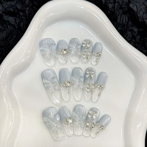 Handmade Blue Butterfly Press On Nails Gradient Cat Eye 3D Rhinestone Long Coffin Oval Fake Nails Women Reusable