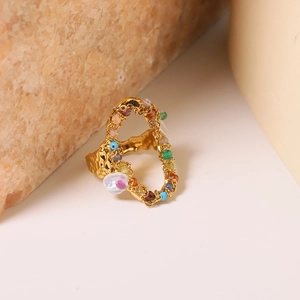 Hammered Open Ring Titanium Steel 18K Gold Plated Natural Artificial Pearl Colorful Stones Irregular Retro Adjustable