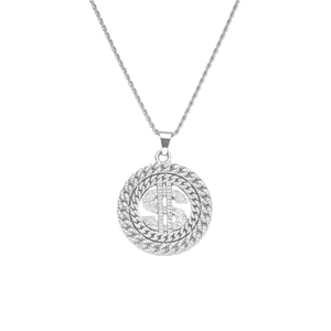 Hip hop silver necklace with spinning dollar sign pendant encrusted with clear crystals